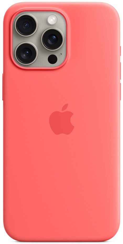 Etui na iPhone w kolorze koralowym z widocznymi obiektywami aparatu i logo Apple.