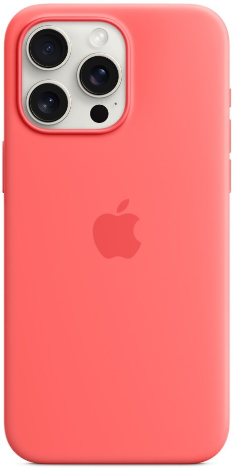 Koralowe etui na telefon, widok z tyłu, z aparatem i logo Apple.