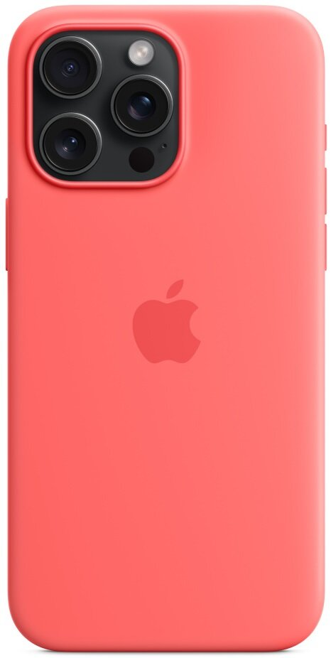 Koralowe etui na iPhone'a z aparatem i logo Apple pośrodku.