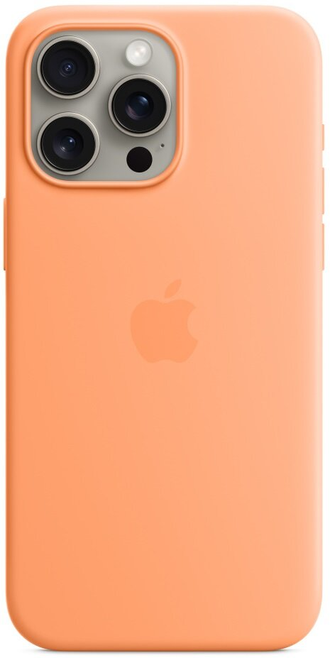 Brzoskwiniowe etui na iPhone'a z logo Apple. Etui zakrywa tył telefonu.