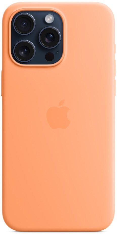 Pomarańczowy iPhone z wystającym aparatem z tyłu. Logo Apple. Etui również jest pomarańczowe.