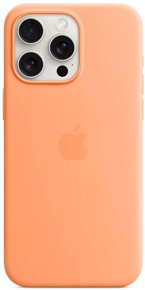 Pomarańczowe etui na telefon. Logo Apple z tyłu. Widoczne przyciski boczne i wycięcie na aparat.