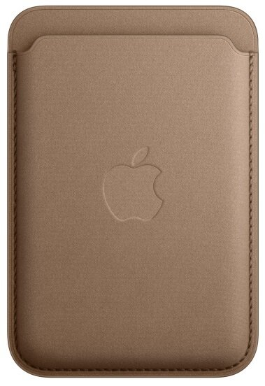 Beżowy portfel Apple MagSafe. Logo Apple wytłoczone z przodu.
