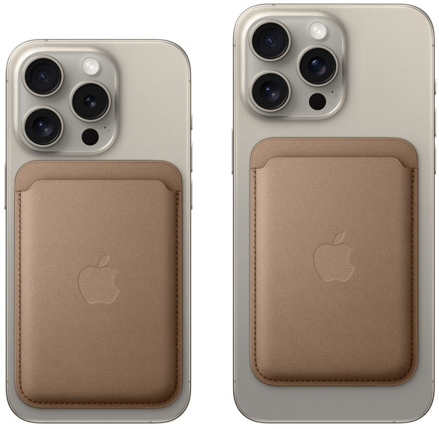 Dwa etui na iPhone'a z dołączonym portfelem. Obydwa są jasnobrązowe z logo.