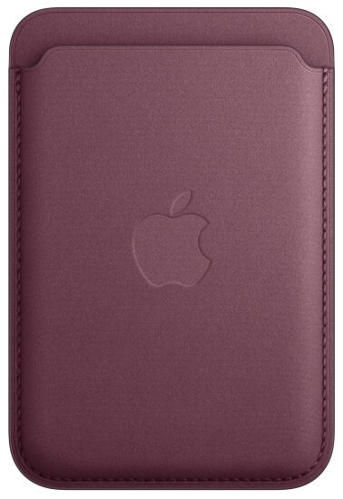 Bordowy portfel Apple MagSafe. Logo Apple wytłoczone. Szyte krawędzie. Ciemne tło.