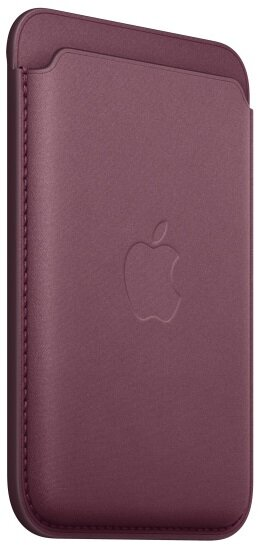 Fioletowe skórzane etui na telefon z wytłoczonym logo Apple. Detale szwów po bokach.