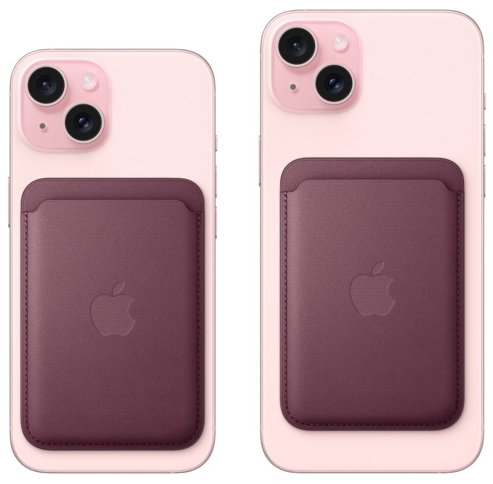 Dwa różowe iPhone'y z dołączonym bordowym skórzanym portfelem.