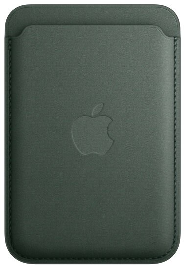 Ciemnozielony uchwyt na karty. Logo Apple wytłoczone z przodu. Ciemne tło.