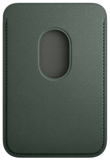 Zielony skórzany etui na karty. Ma owalny otwór pośrodku. Tło jest białe.