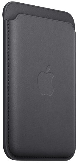 Czarny skórzany pokrowiec na telefon, wytłoczone logo Apple. Pionowy, prosty design.