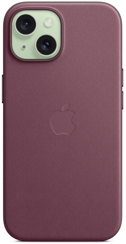 Zbliżenie fioletowego etui na iPhone'a, z wytłoczonym logo Apple z tyłu i zielonym modułem kamery.