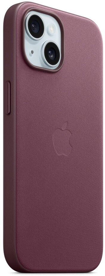 Bordowa obudowa iPhone'a z logo Apple. Widoczny podwójny aparat. Obudowa jest teksturowana, z gładkim wykończeniem.