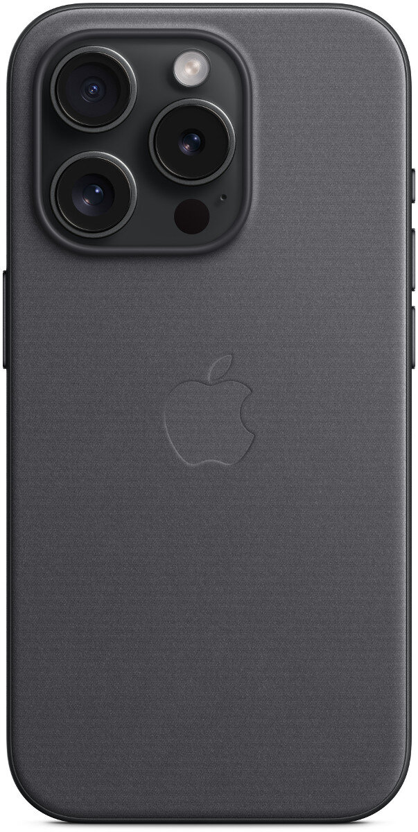 Ciemnoszare etui na telefon z logo Apple. Aparat z trzema obiektywami w lewym górnym rogu.