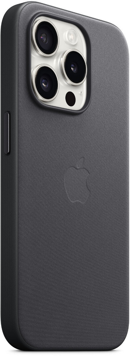 Zbliżenie czarnego telefonu w etui, z trzema obiektywami aparatu i logo Apple.