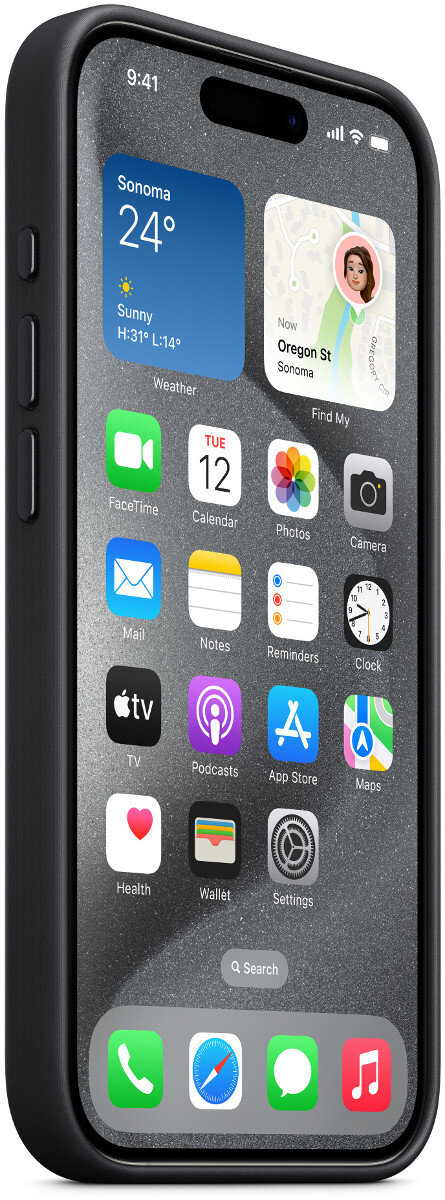 Czarny iPhone w etui, wyświetlający ekran główny z ikonami aplikacji i widżetem pogody, widok z boku.