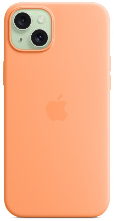 Pomarańczowe etui na iPhone'a z aparatem i logo Apple.