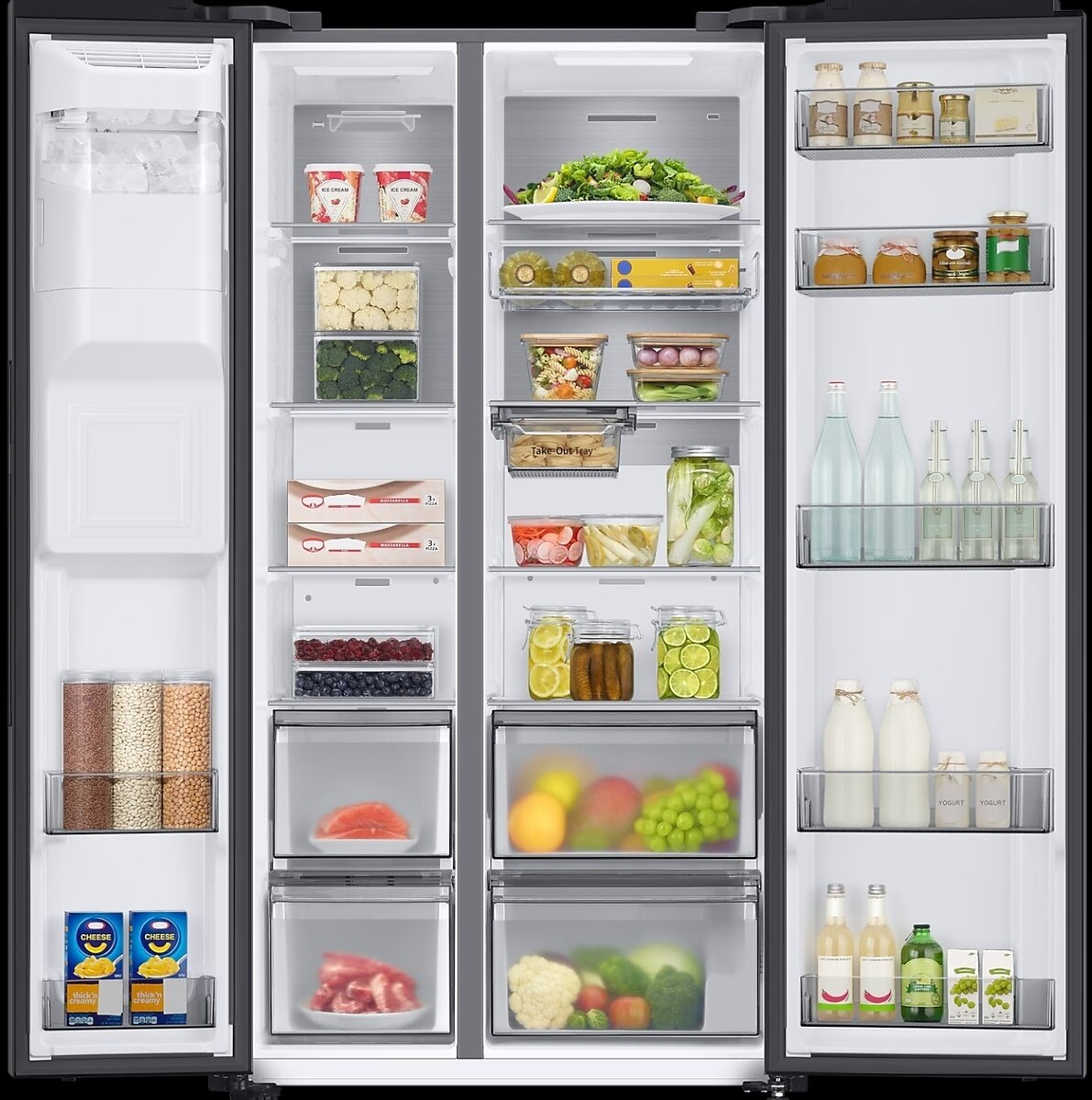 Wnętrze lodówki z przegródkami. Zawiera różne produkty spożywcze, takie jak lody, warzywa i napoje. Zorganizowane.