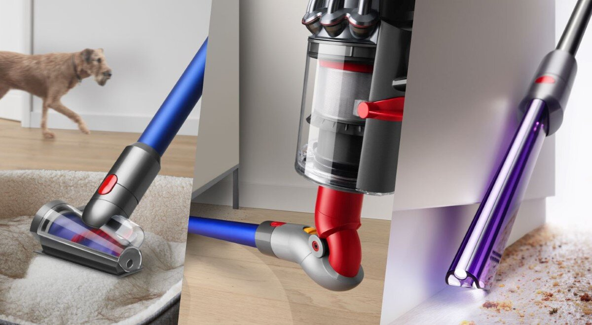 Użycie odkurzacza. Pies w tle. Pokazano części odkurzacza.