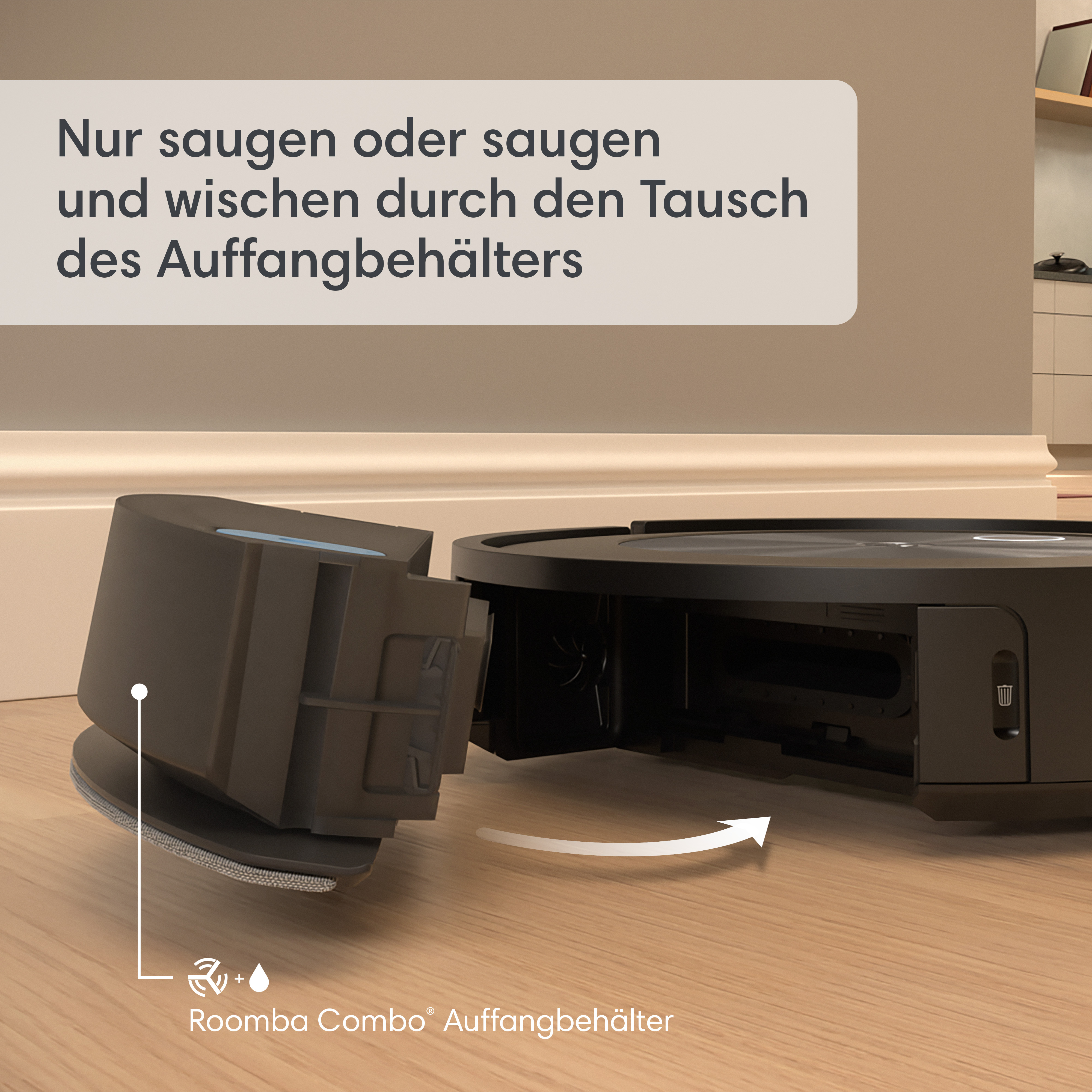 Roboter-Staubsauger, bei dem der Staubbehälter abgenommen wird. Ein weißer Pfeil zeigt die Bewegung an.