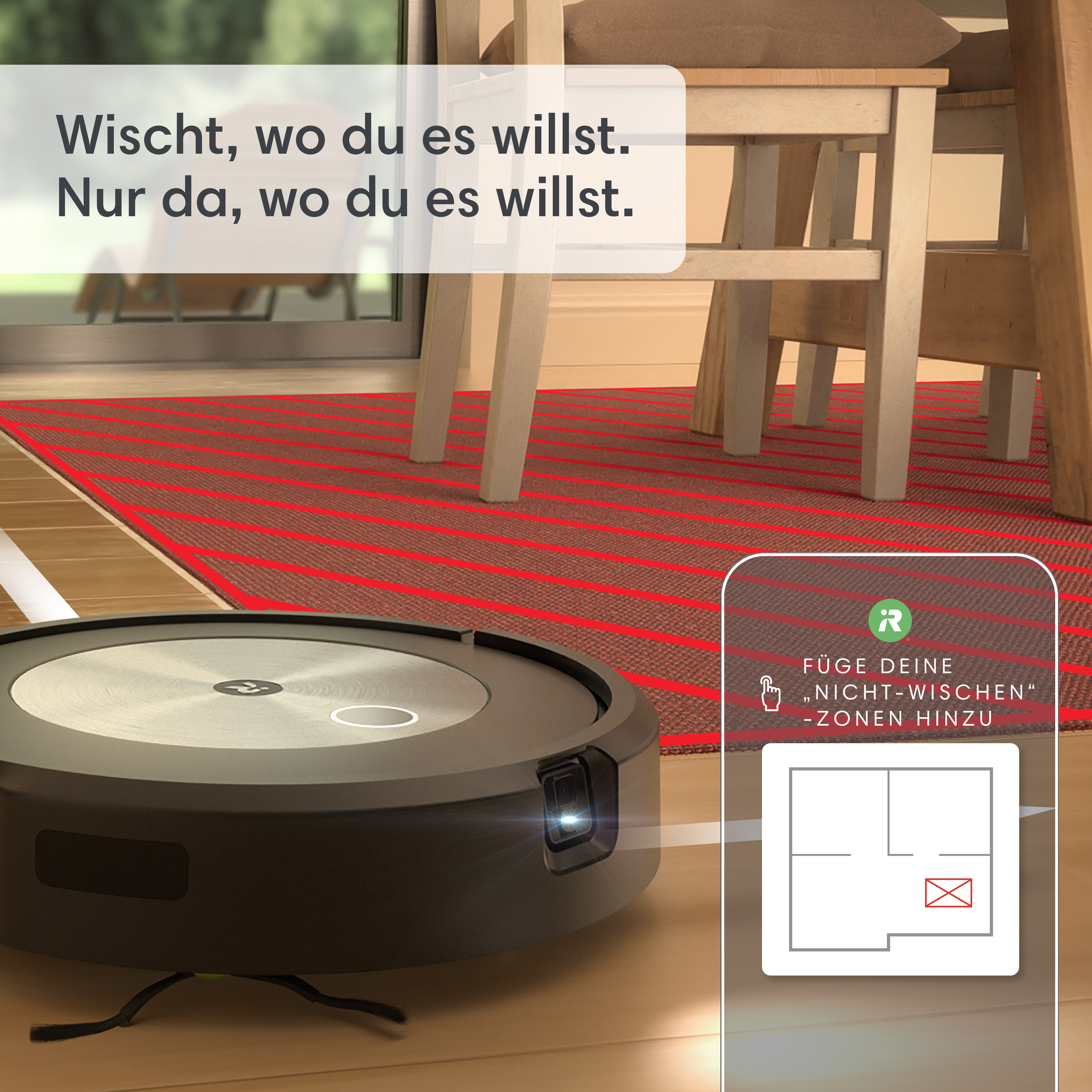 Roboter-Staubsauger reinigt einen Raum mit roten Streifen auf dem Boden.