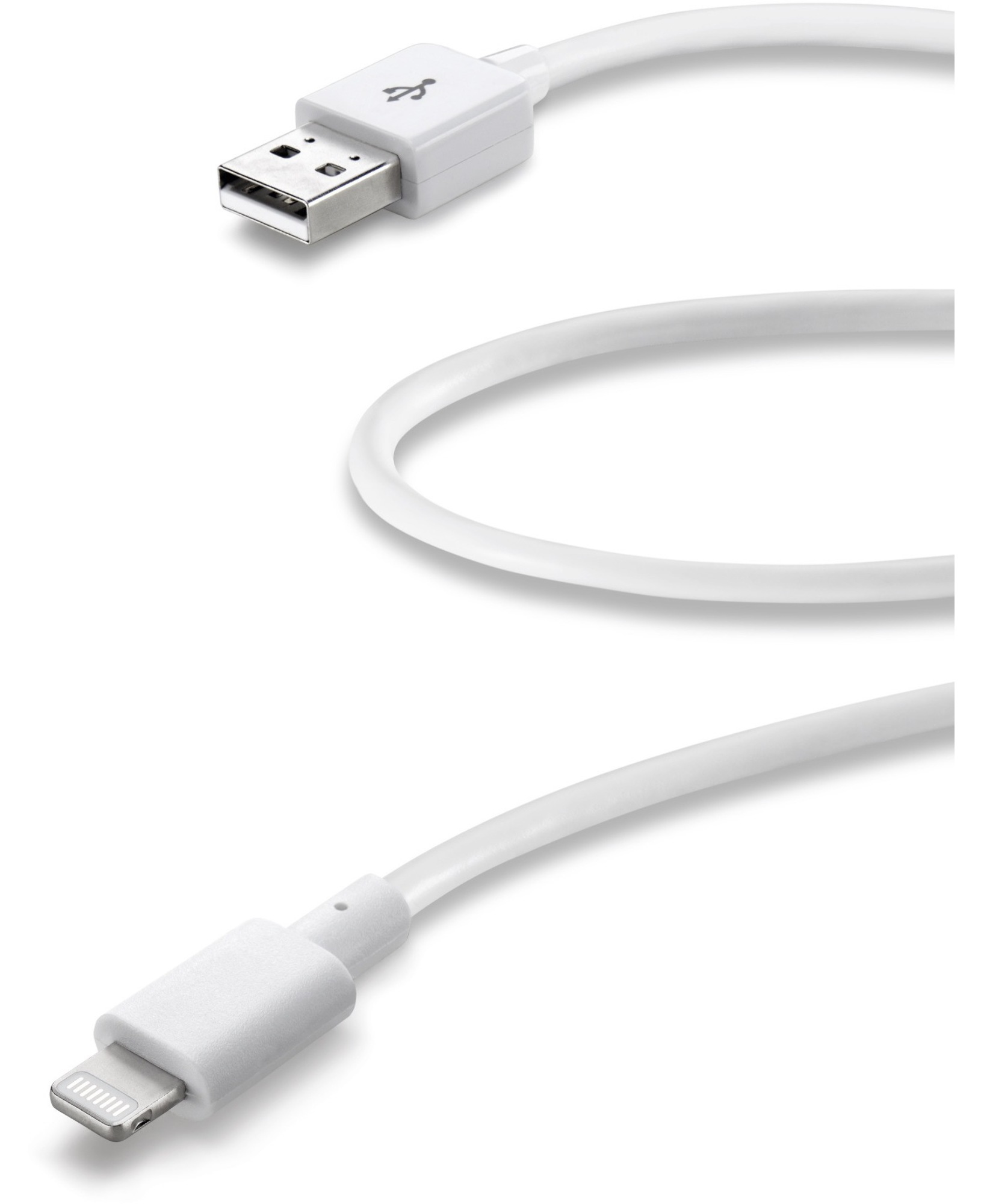 Weißes USB-auf-Lightning-Kabel. USB-Ende, Kabel und Lightning-Ende sind gegen Weiß sichtbar.