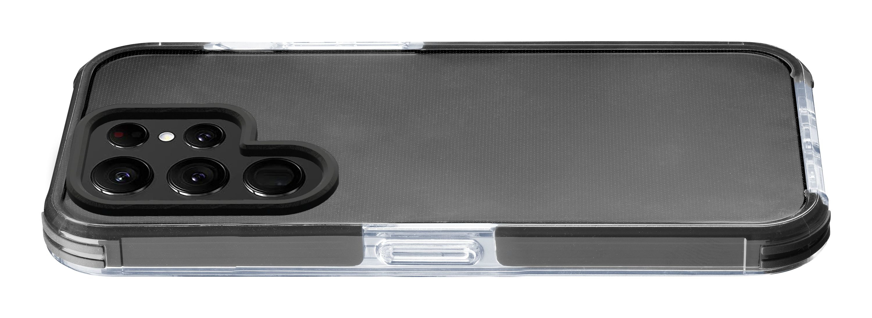 Schwarze Telefonhülle mit Kameraausschnitt, transparente Seiten. Es liegt auf einer weißen Oberfläche.