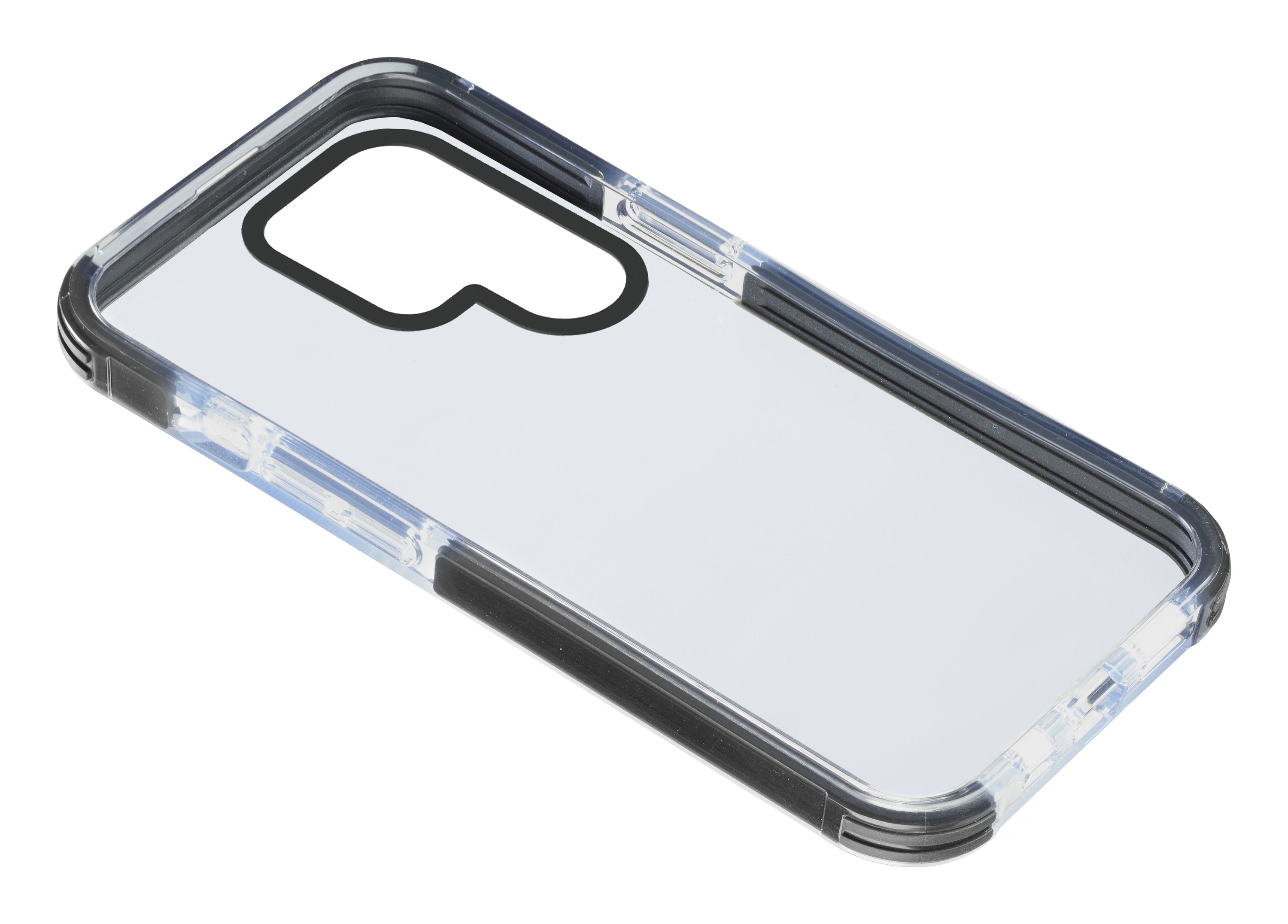 Eine transparente Handyhülle mit schwarzem Rand. Die Hülle ist transparent und zeigt den Umriss des Telefons.