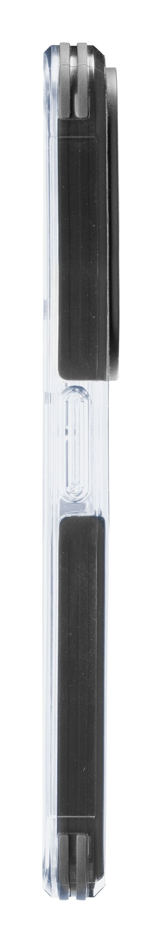 Transparente Stifthülle mit schwarzem Stift im Inneren, Seitenansicht.