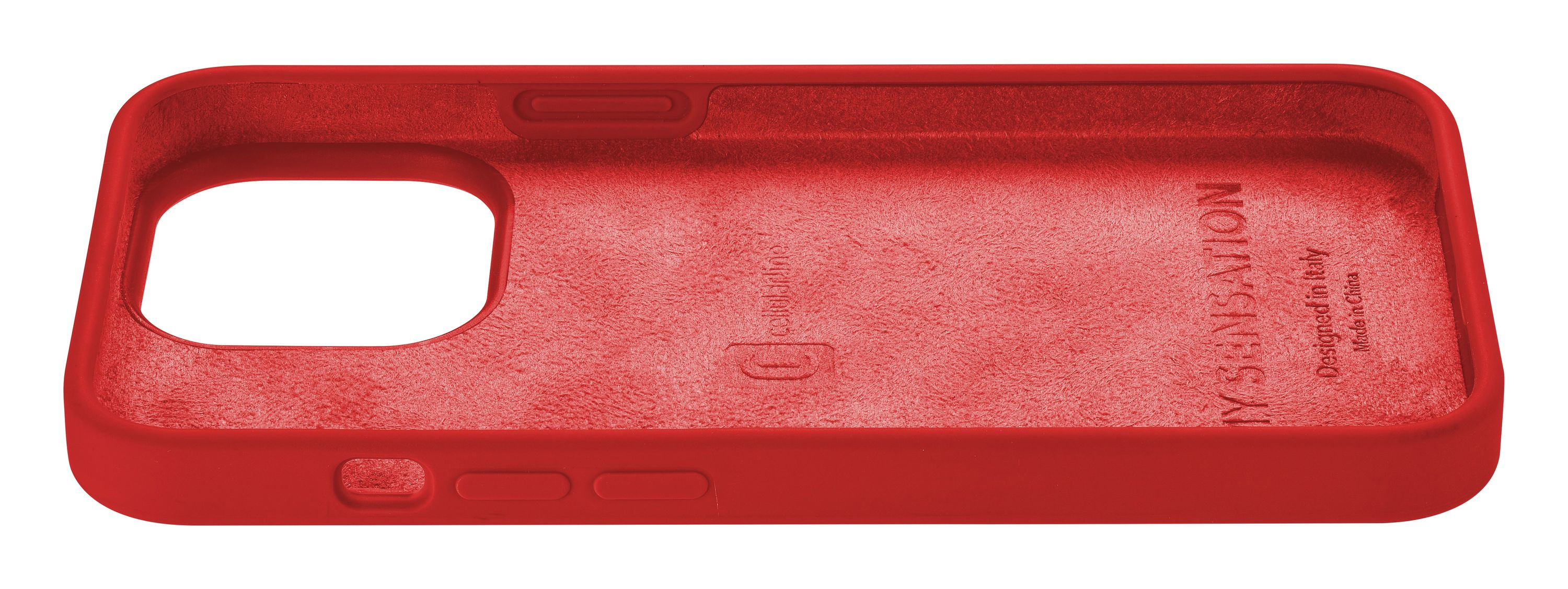 Rote iPhone-Hülle, Innenansicht, mit Text: 'Designed in Italy, Made in China'.