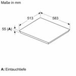 Diagramm, das die Abmessungen eines Quadrats von 513x583 mm zeigt. Enthält eine Tiefenmarkierung von 55 mm.