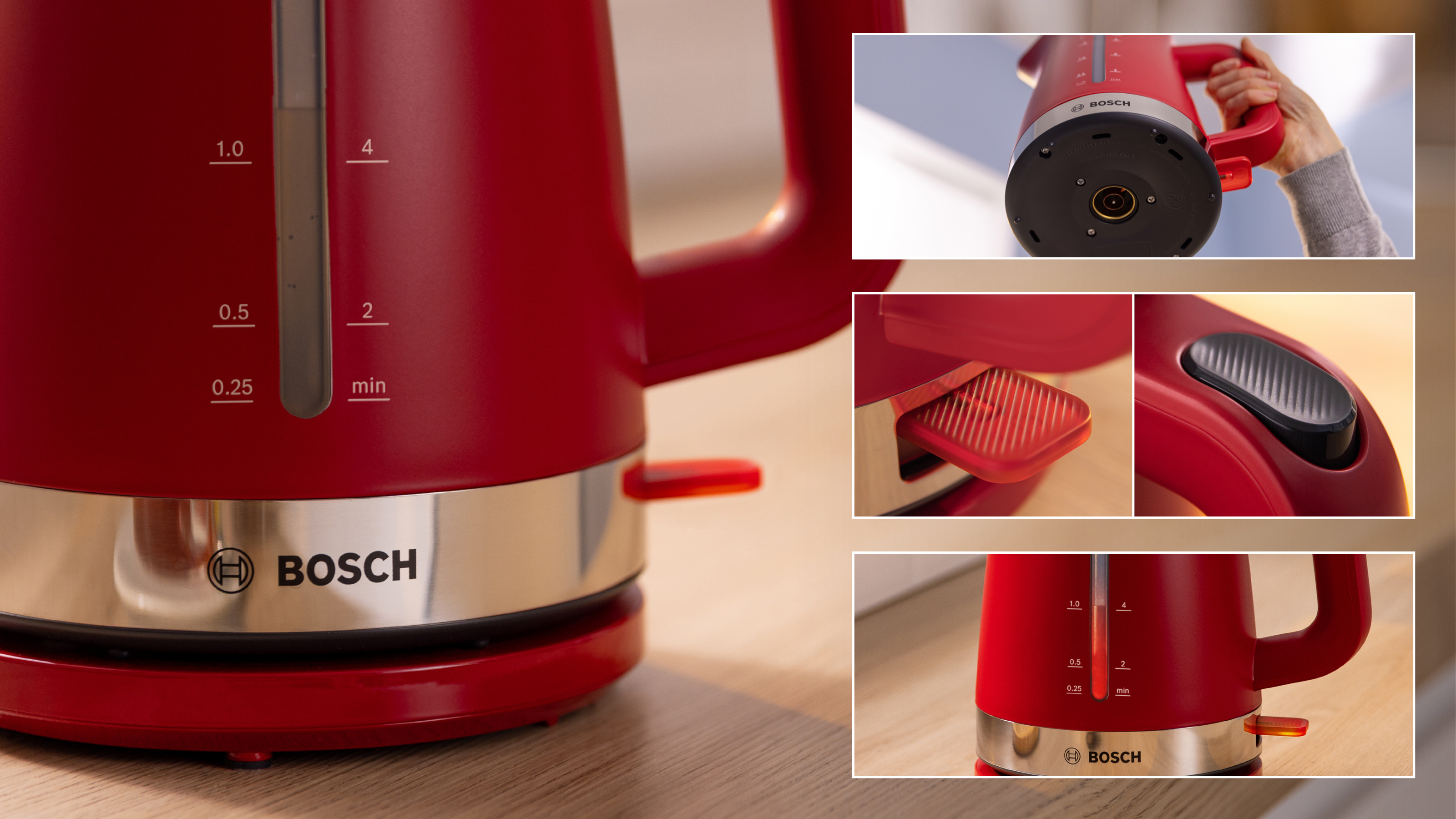 Ein roter Bosch Wasserkocher mit silbernem Sockel. Mehrere Detailaufnahmen der Kanne gezeigt.