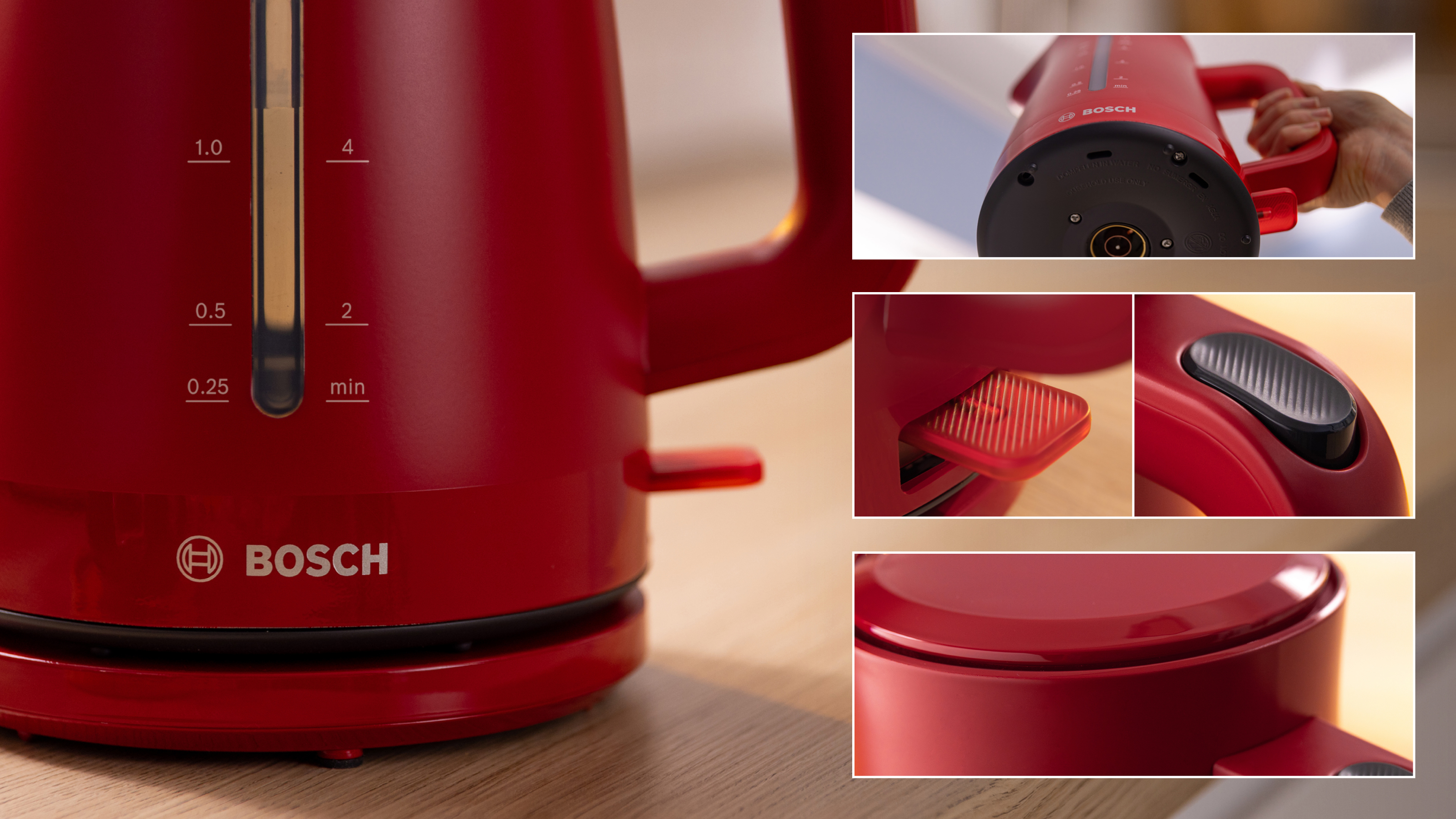 Roter Wasserkocher mit Details wie Boden und Griff.