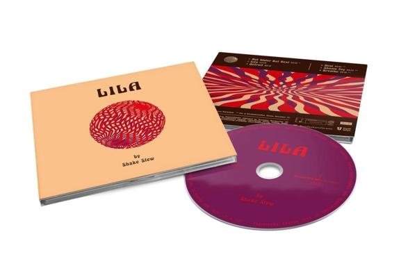 Albumcover und CD von "Lila" von Shake Slew, mit rotem Kugeldesign.