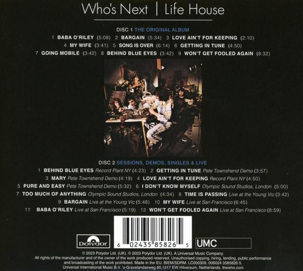 Pochette d'album avec la liste des titres de 'Who's Next' de The Who, avec photo du groupe.