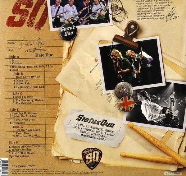 Albumcover mit Fotos von Status Quo Bandmitgliedern, Text und Musikdetails.