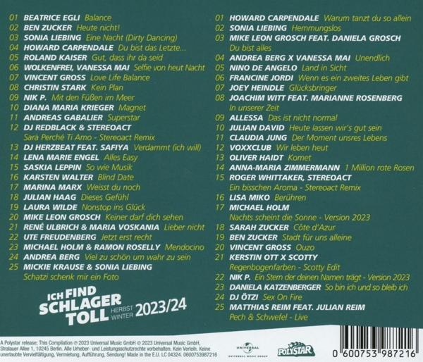 Ein Musikalbumcover mit einer Liste von Songs und Künstlern. Weißer und oranger Text.