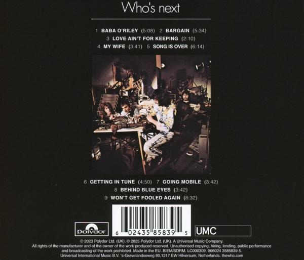 Albumcover von The Who's 'Who's Next' mit Tracklist und Bandfoto.