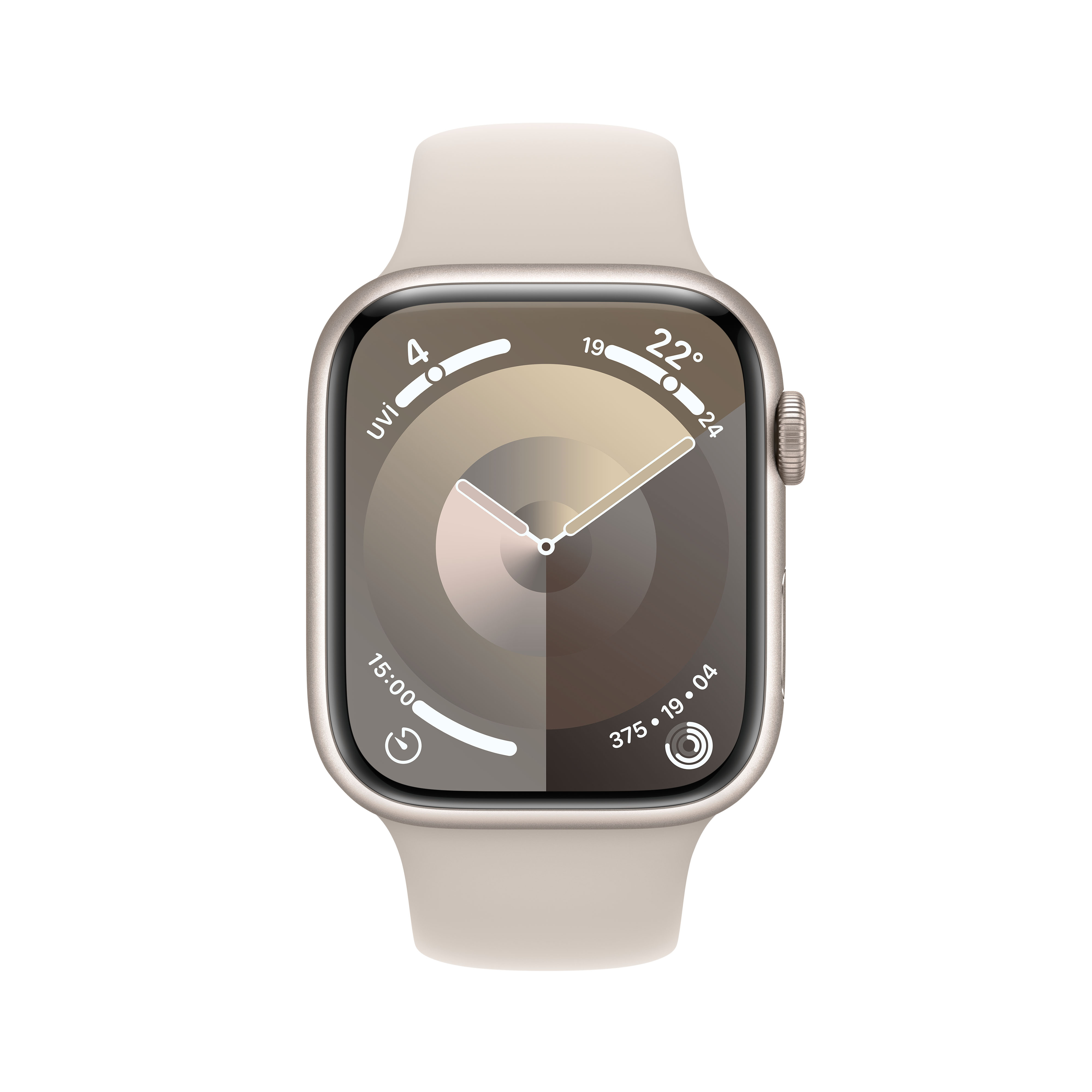 Saati gösteren altın rengi Apple Watch. Saat kadranı saati, günü ve sağlık ölçümlerini gösterir.