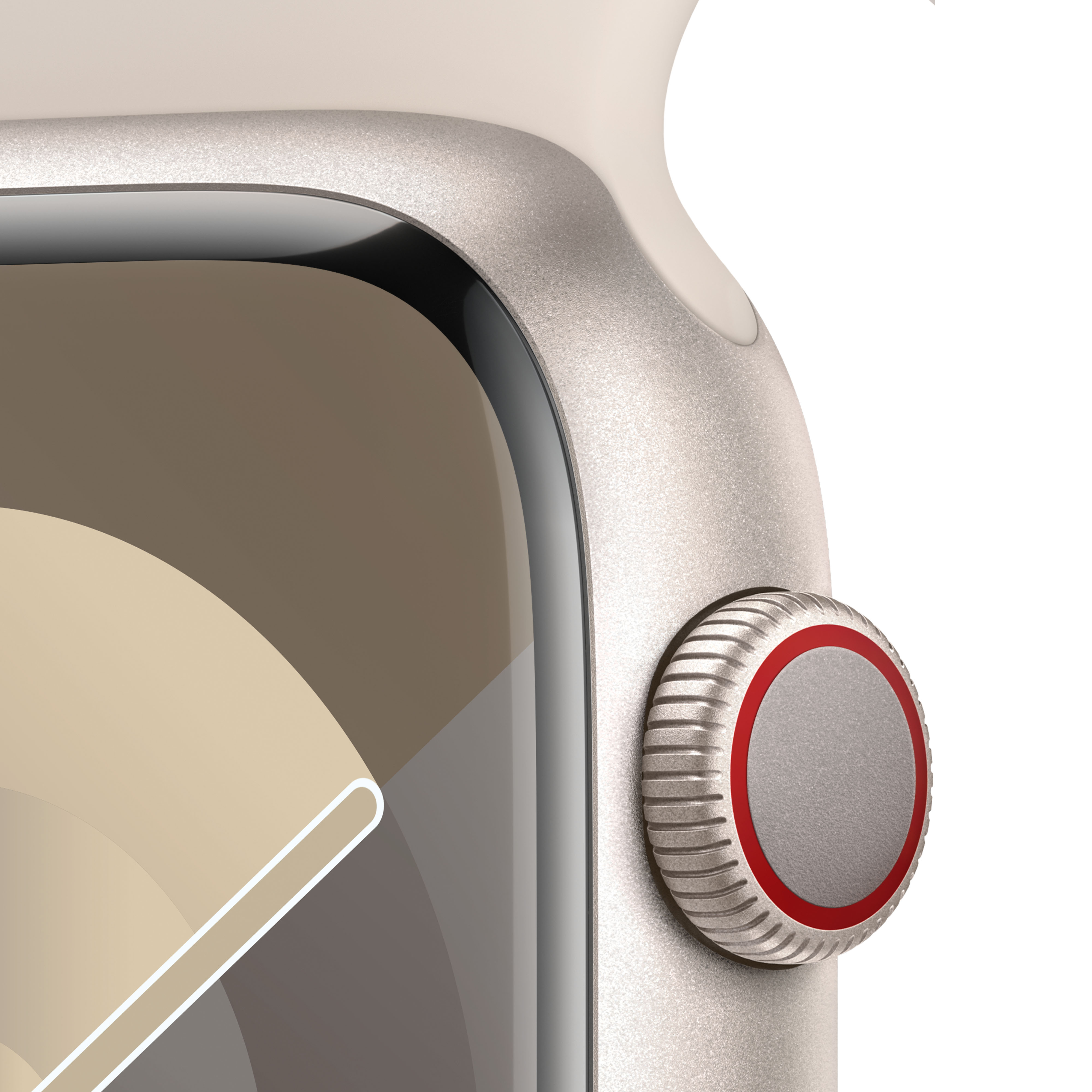 Kırmızı yan düğmeli bej ve gümüş bir Apple Watch'un yakın çekimi.