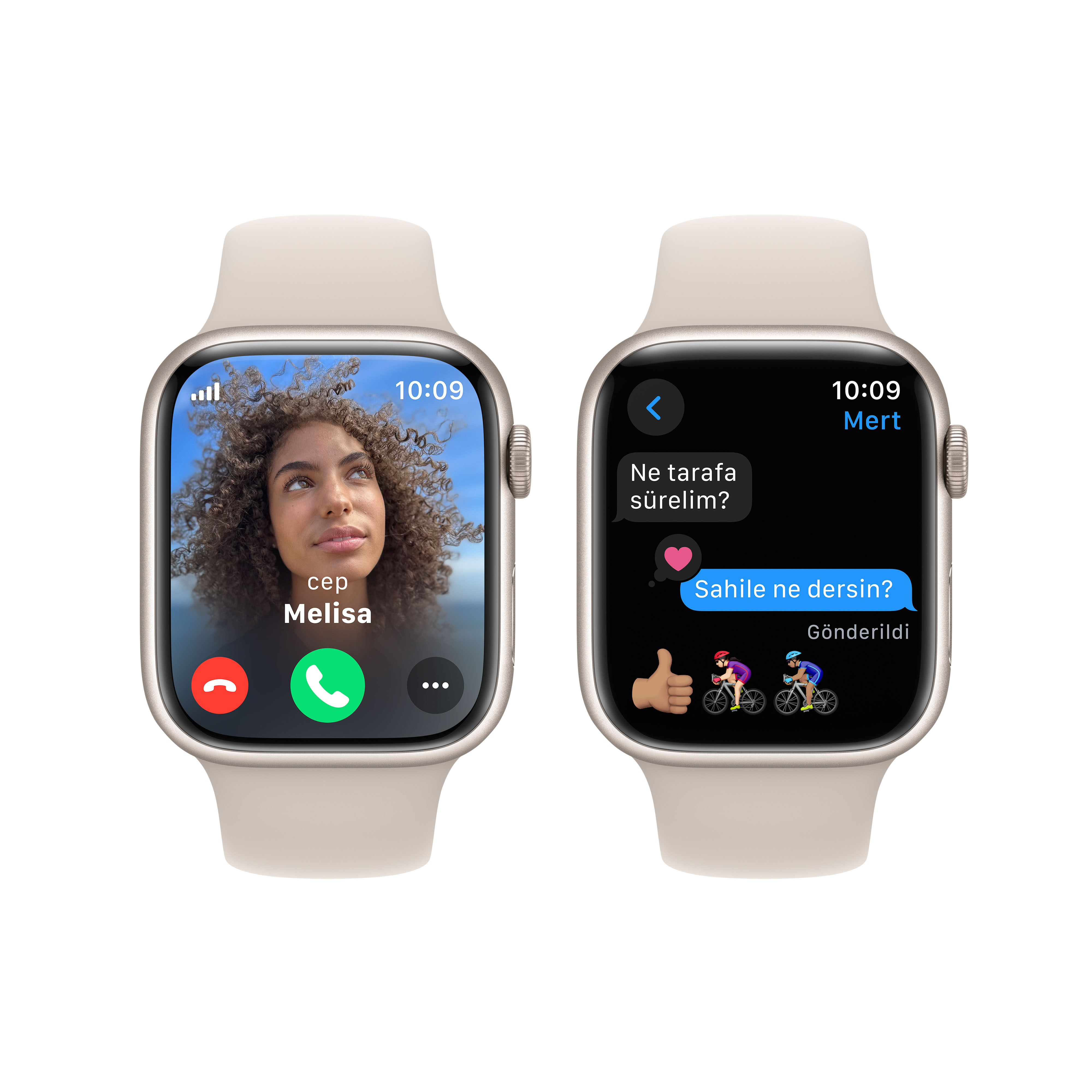 İki Apple Watch. Biri bir kadınla konuşmayı, diğeri ise bir metin mesajını gösteriyor.