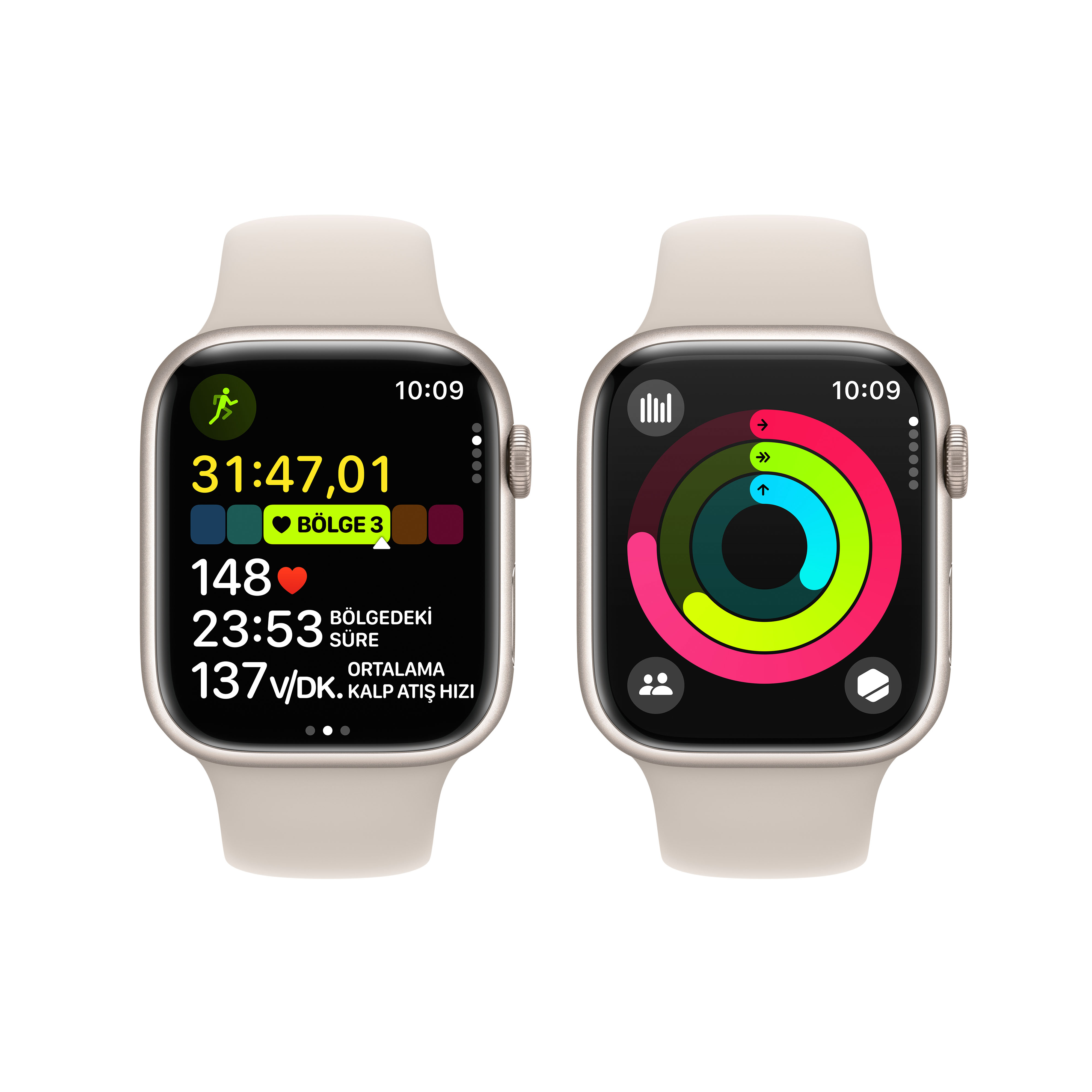 Farklı saat yüzleri gösteren iki Apple Watch. Açık gri kayışlar. Beyaz arka plan.