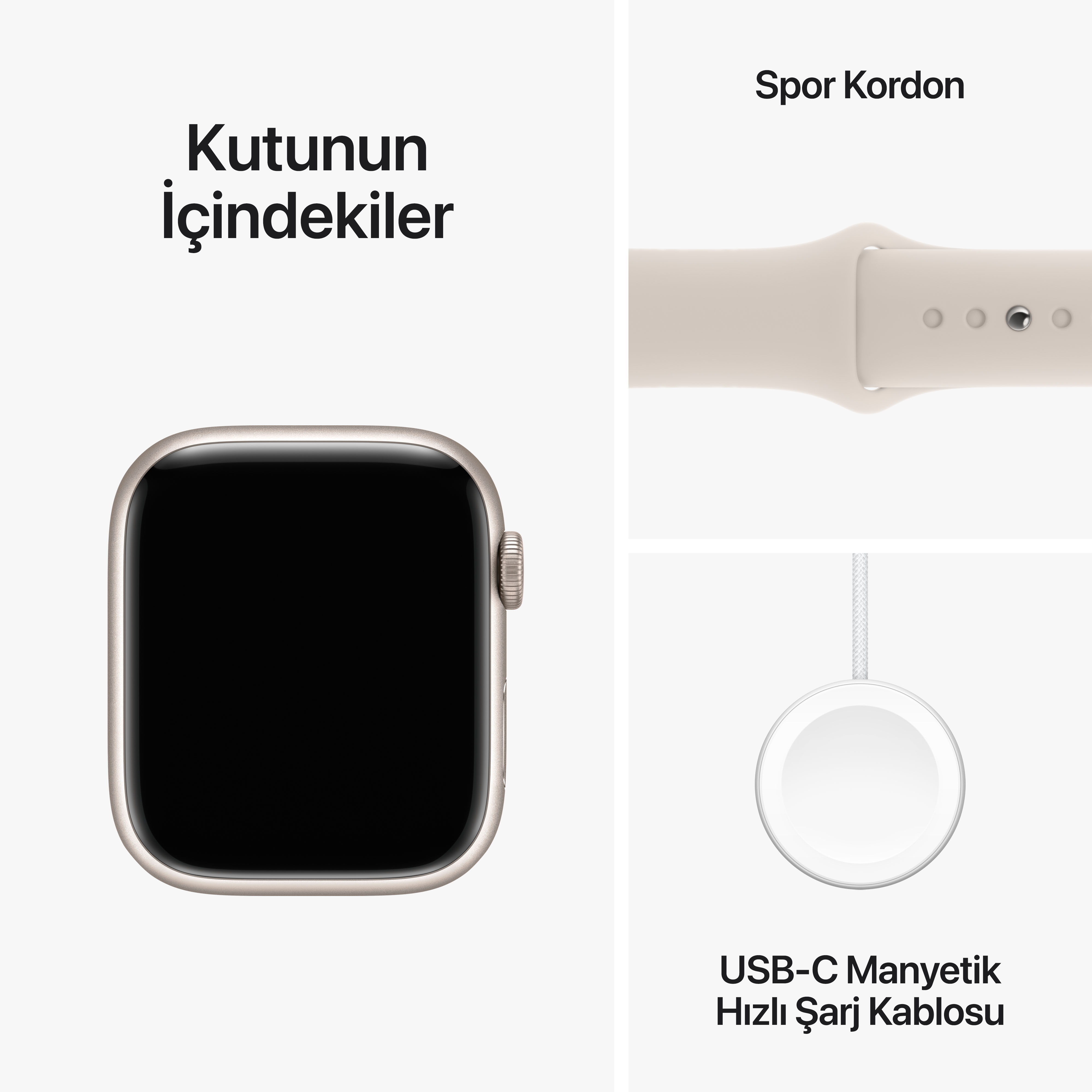 Apple Watch, bej bir kayış ve şarj cihazı beyaz bir yüzeyde, hepsi bir kutuda.