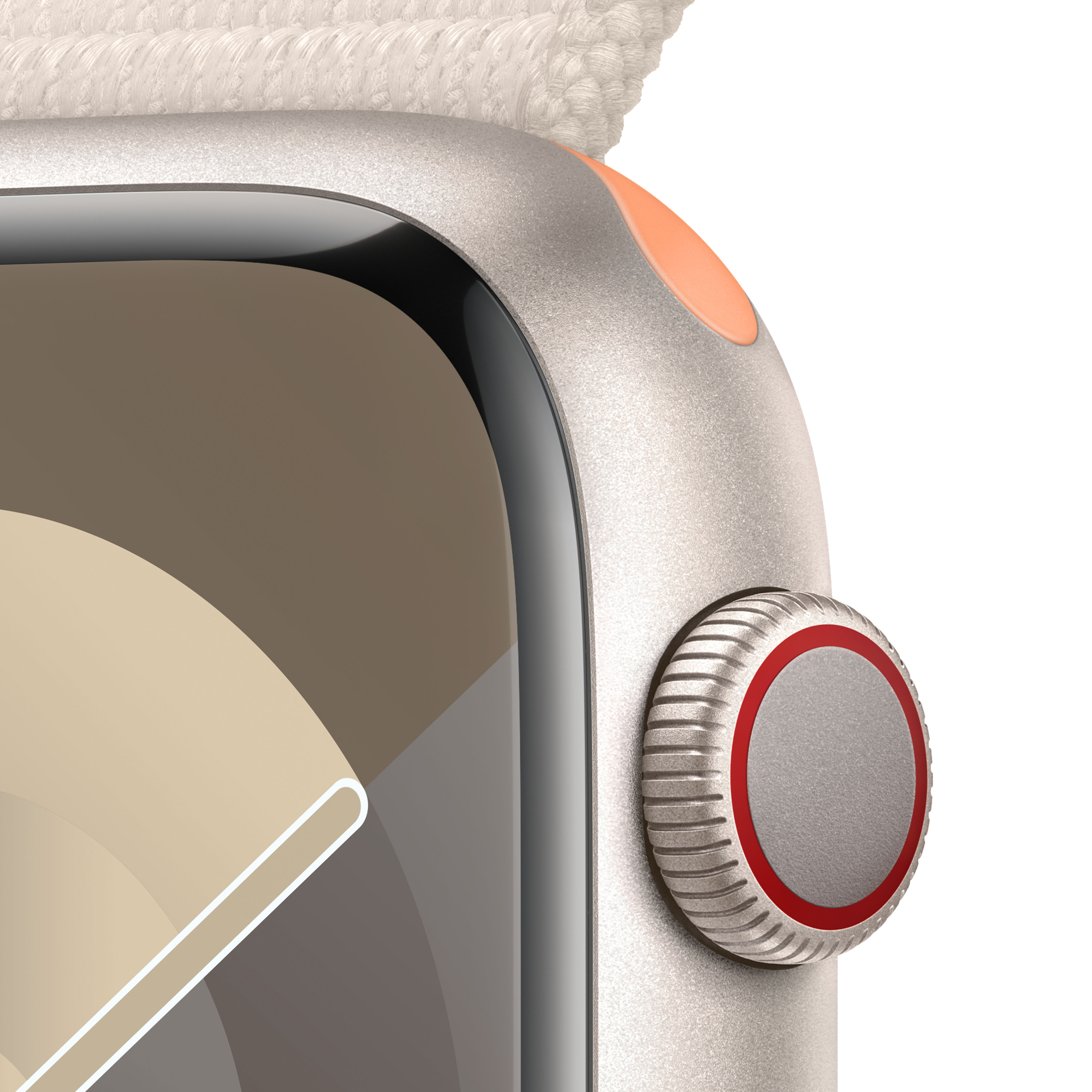 Gümüş kasalı, turuncu düğmeli ve kumaş kayışlı bir Apple Watch'un yakın çekimi.