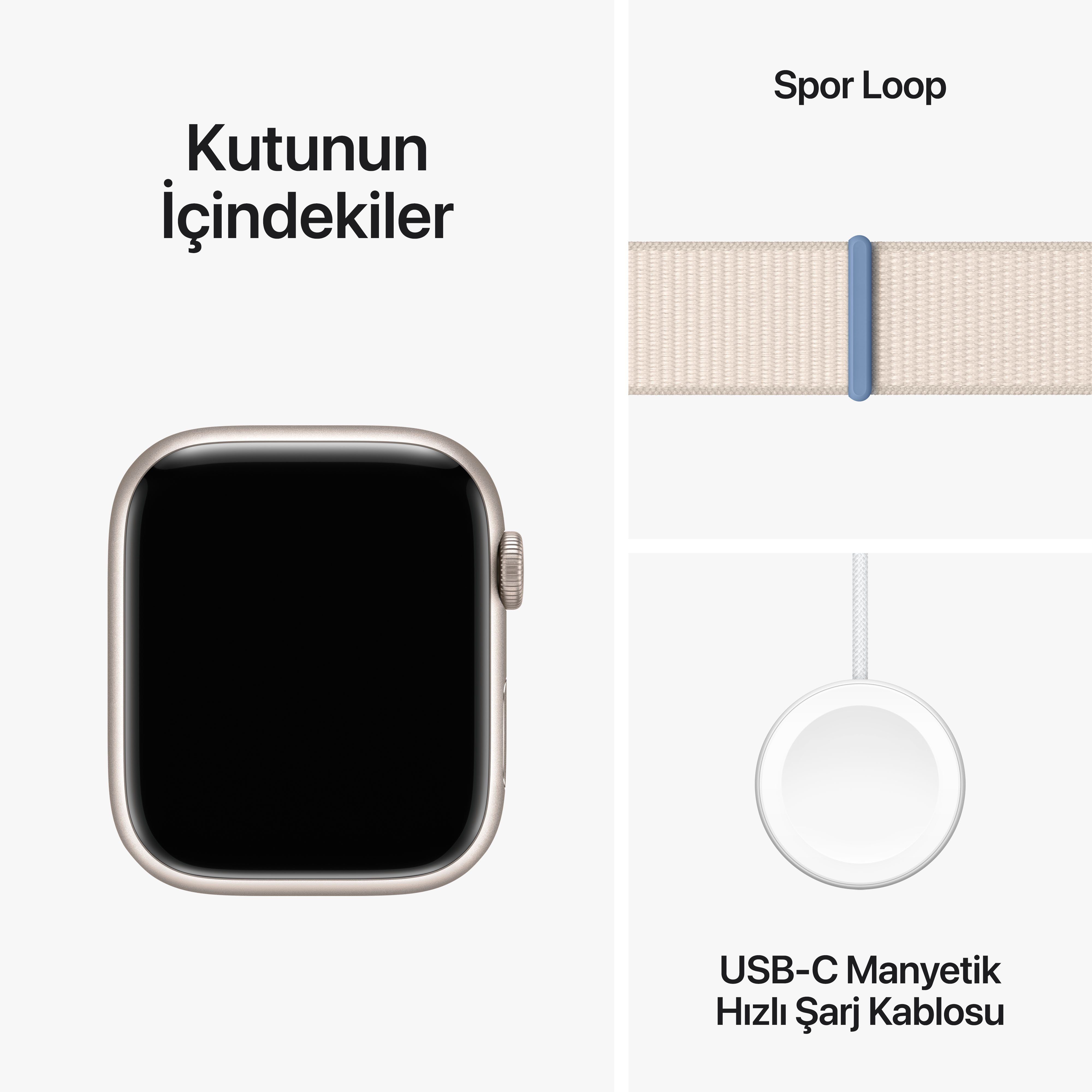 Apple Watch, kayış ve şarj cihazı. Metin: 'Kutunun içindekiler'.