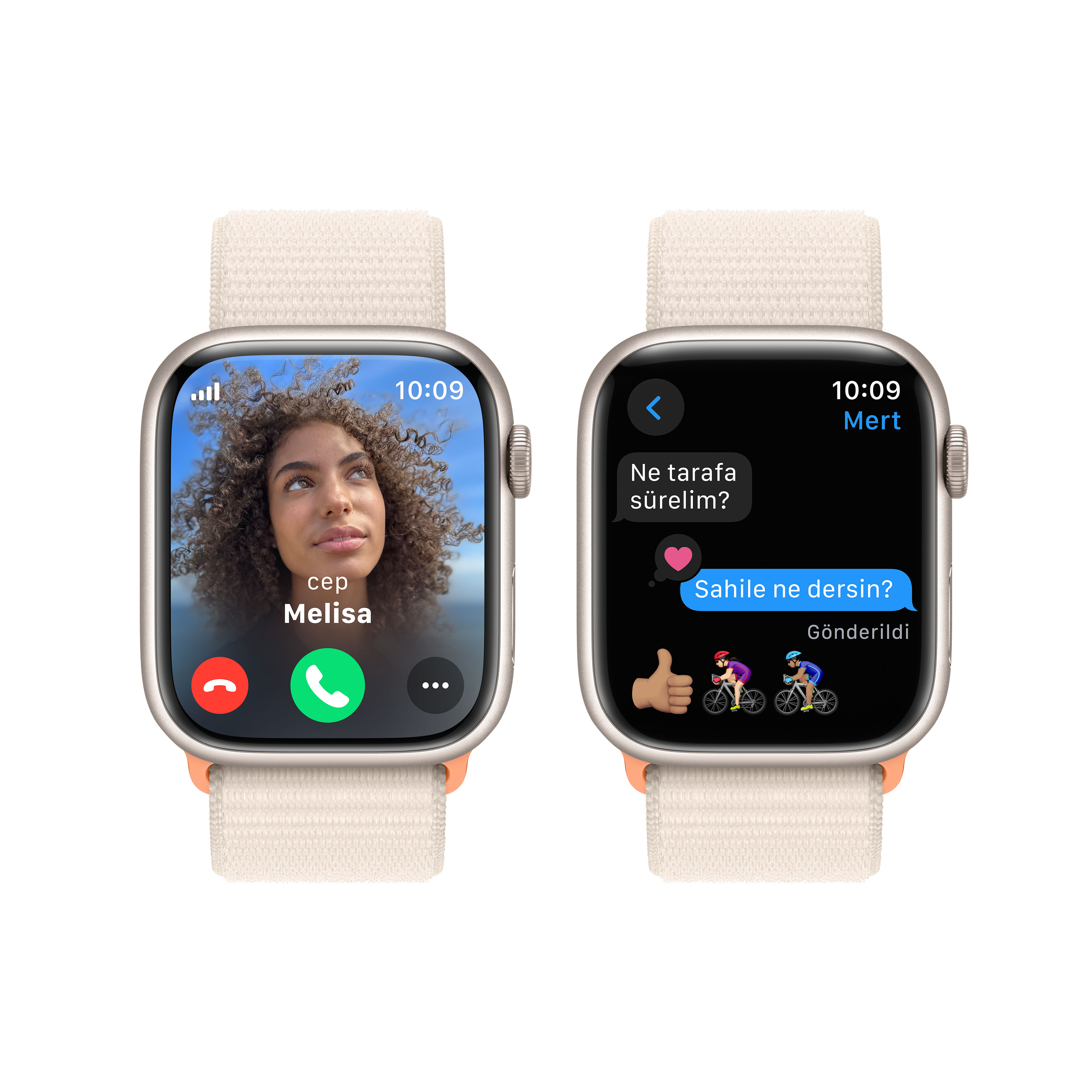 İki farklı ekran gösteren Apple Watch. Biri görüntülü görüşme, diğeri ise mesajları gösteriyor.