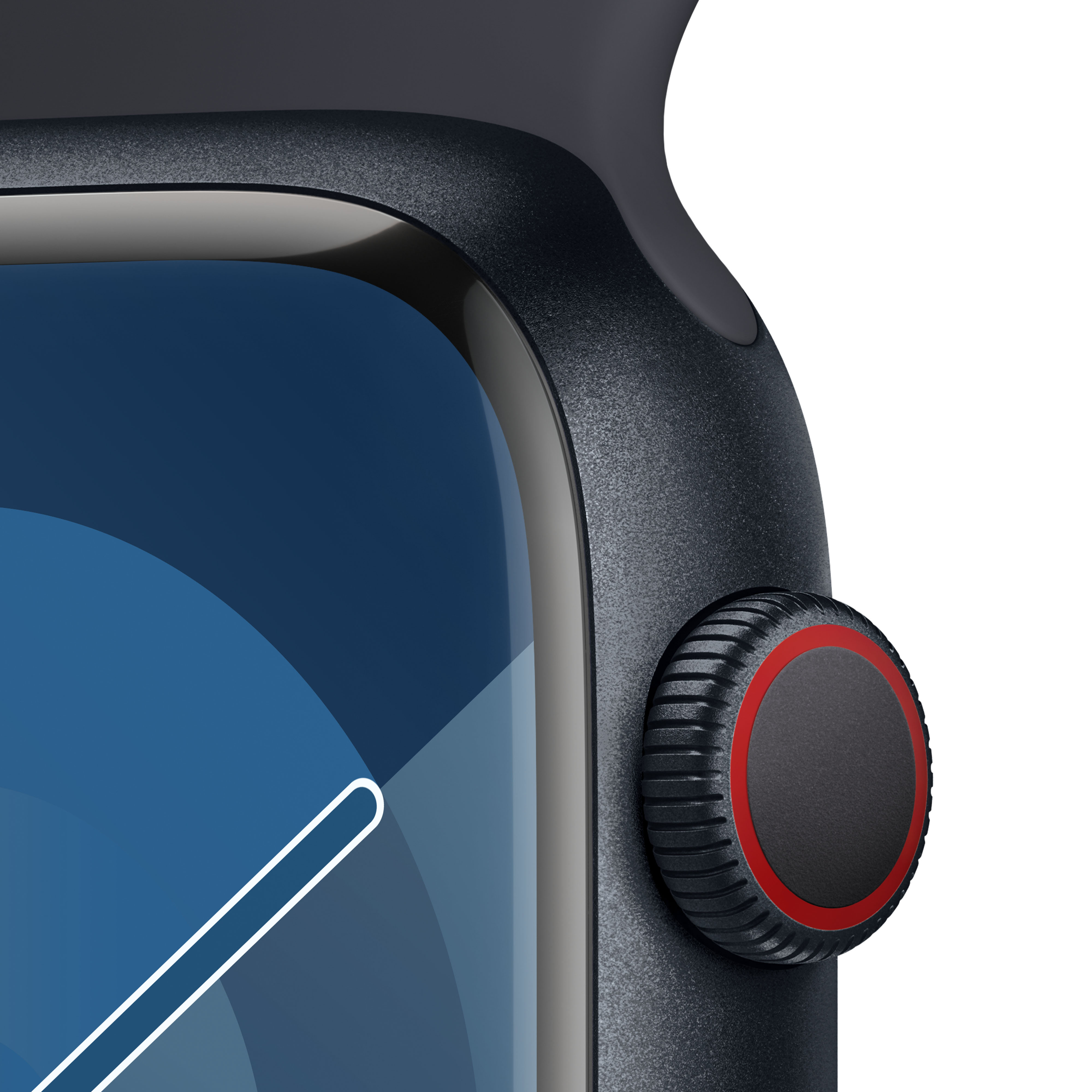 Kırmızı bir kadranlı siyah bir Apple Watch'un yakın çekimi.