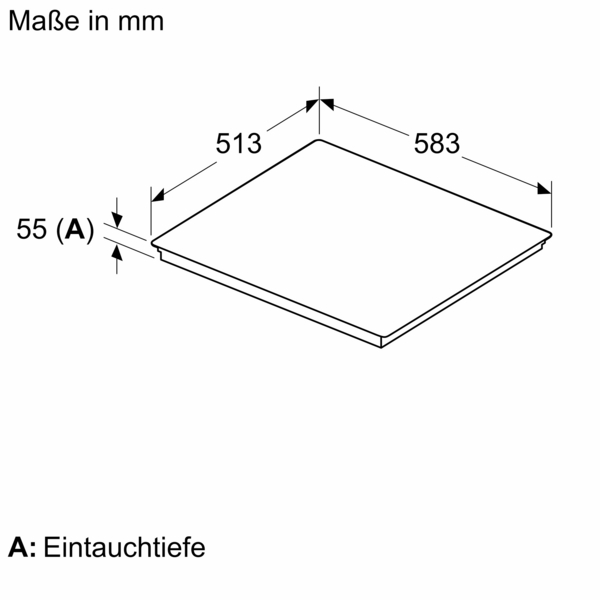 Ein Diagramm mit einem Rechteck, dessen Abmessungen mit 513 mm und 583 mm beschriftet sind, sowie eine Tiefe von 55 mm.