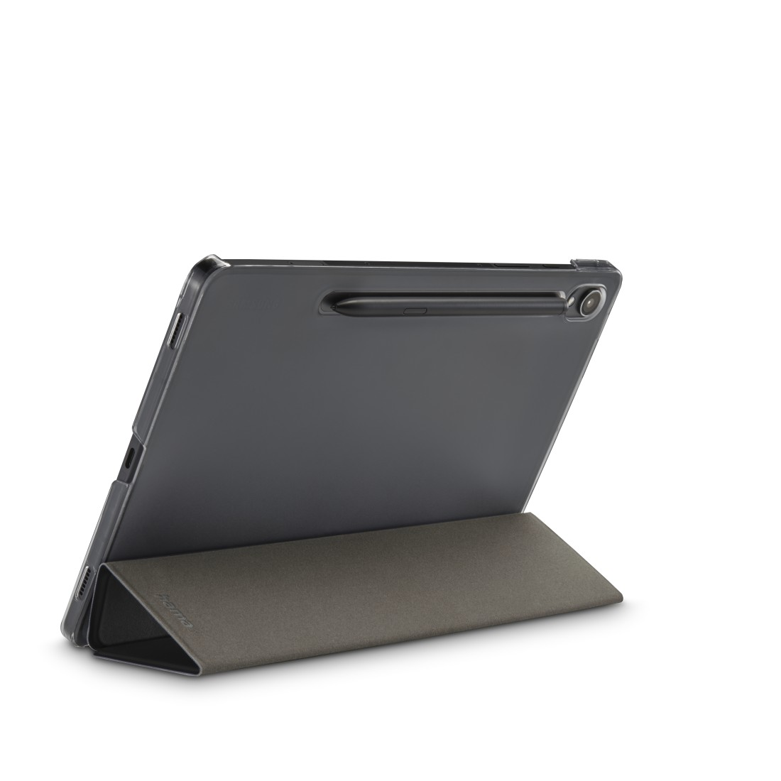 Tablet in Hülle, aufgestellt. Ein Stift ist seitlich befestigt.