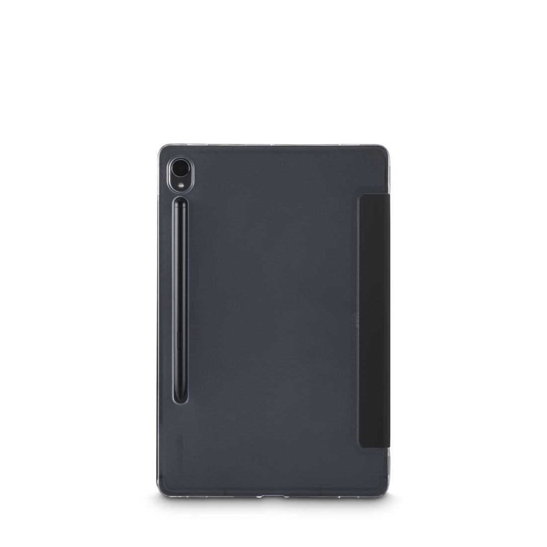 Dunkelgraues Tablet mit Stift und Hülle auf weißem Hintergrund.