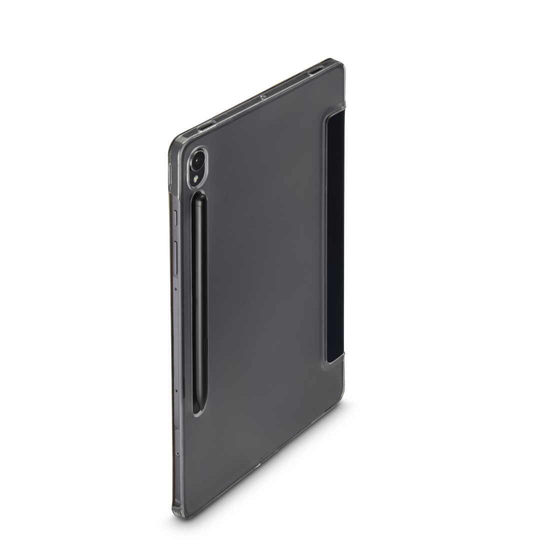 Tablet mit Hülle und Stift an der Seite, auf weißem Hintergrund.